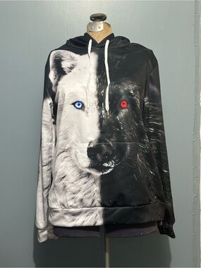 Half White Half Black Wolf Graphic Hoodie with Red & Blue Eyes -Medium